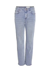 Ljusblå rak ben jeans i denim med framknapp, dragkedjestängning, bältesöglor samt fram- och bakfickor.