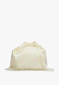 Worki ze sznurkiem wykonane z kremowego materiału, z marszczonym dnem, satynowymi sznurkami do ściągania oraz subtelnym logo z przodu.