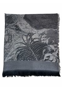 Plaid noir et gris avec un motif floral texturé, bords effilochés et une large bande inférieure gris foncé.