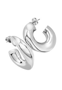 Stříbrné kruhové náušnice s hladkým, zaobleným designem a reflexním povrchem; obsahují malou tyčinku pro bezpečné nošení.