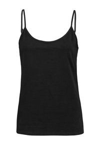 Schwarzes ärmelloses Top aus weicher Baumwolle. Es hat einen runden Ausschnitt und dünne verstellbare Träger. Einfaches und schmuckloses Design.