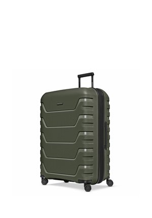 Großer dunkelgrüner Hartschalenkoffer mit vier Rollen, Teleskopgriff, Seitengriff und strukturiertem, eckigem Design auf der Vorderseite.