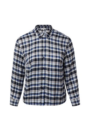 Langarmhemd zum Knöpfen mit blauem, schwarzem und weißem Karomuster, Kragen und Manschetten, dargestellt auf weißem Hintergrund.