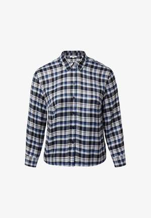 Langarmhemd zum Knöpfen mit blauem, schwarzem und weißem Karomuster, Kragen und Manschetten, dargestellt auf weißem Hintergrund.