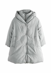 Lichtgrijze pufferjack met capuchon, knoopsluitingen, zijzakken en een losse pasvorm, met een gladde, matte textuur.