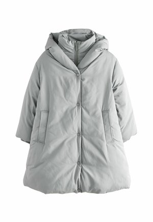 Piumino grigio chiaro con cappuccio, chiusure a bottoni, tasche laterali e una vestibilità ampia, dotato di una texture liscia e opaca.
