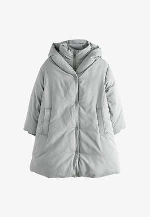 Világosszürke puffernadrág kapucnival, gombos záródású, oldalsó zsebekkel és laza szabással, sima, matt textúrával.