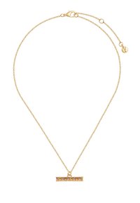 Collar de cadena dorada con un colgante en forma de barra horizontal que presenta un delicado patrón floral multicolor y cierre de langosta.