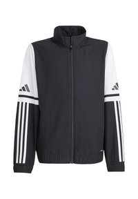 Zwart-wit zip-up jack met een hoge kraag, voorzien van contrasterende mouwen en een logo met drie strepen op de armen, gemaakt van lichte stof.
