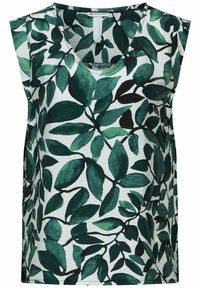 Sleeveless white top with dark green leafy pattern and a round neckline.