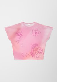 Roze cropped t-shirt met een ombre ontwerp. Bevat vlinder- en bloemgraphics in lichter roze. Korte, brede mouwen en een ronde hals.