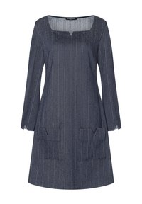 Navyblaues Denim-Kleid mit vertikalen Streifen, quadratischem Ausschnitt, langen Ärmeln und zwei Fronttaschen. Es hat eine strukturierte Oberfläche und einen knielangen Schnitt.