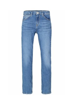 Helle blaue Jeans aus Denim mit geradem Beinanschnitt, fünf Taschen, Frontknopf und Reißverschluss, sowie einem subtilen Verblassen des Stoffes.
