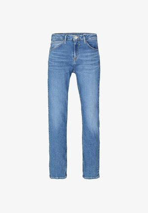 Jeans de mezclilla azul claro con corte recto, cinco bolsillos, cierre frontal de botón y cremallera, y un ligero desteñido en la tela.