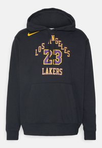 Sweat à capuche noir en mélange de coton ; présente une poche avant, un cordon de serrage pour la capuche et le logo des Los Angeles Lakers imprimé en violet et jaune.