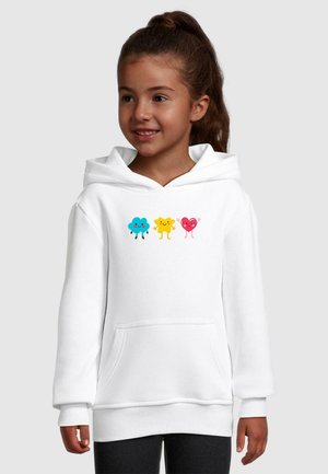 White hoodie with front pocket, featuring colorful cartoon characters: blue cloud, yellow star, and pink heart. Soft fabric with ribbed cuffs.