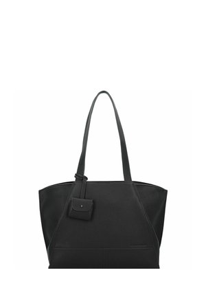 Zwarte leren draagtas met lange hengsels en een klein aangehecht tasje aan de voorkant met een drukknoopsluiting.