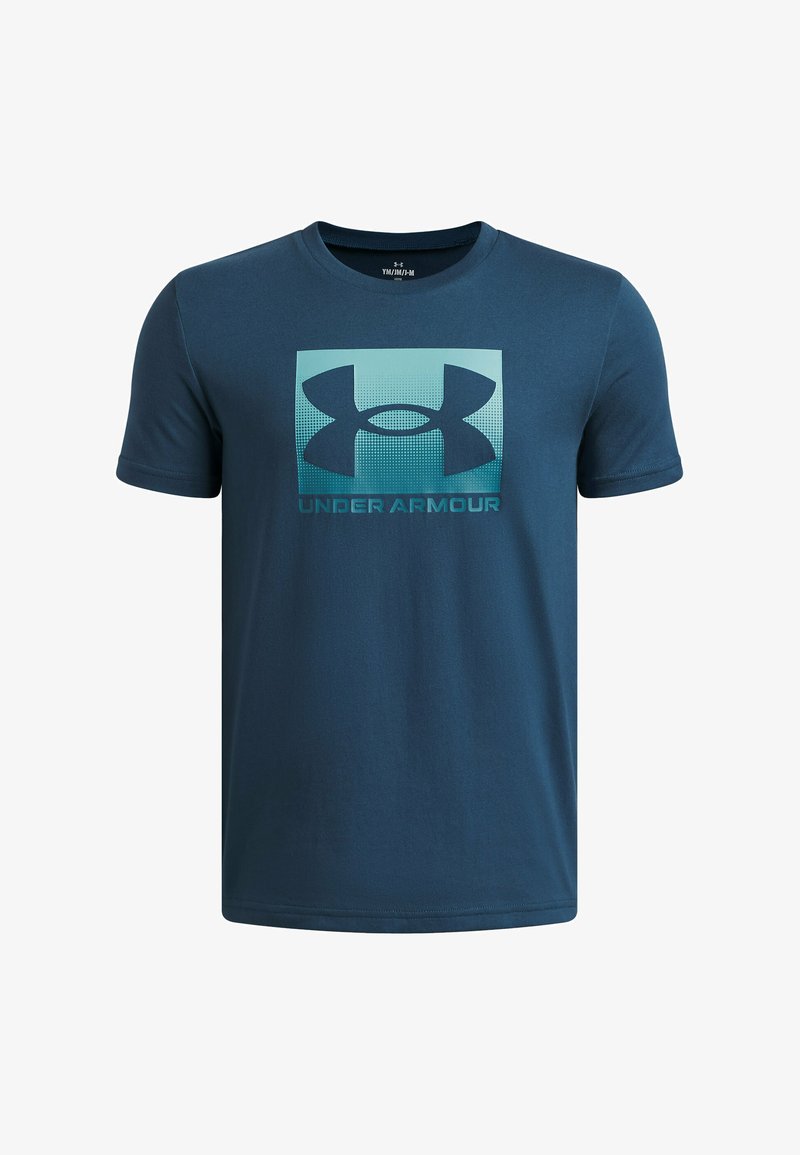T-shirt bleu marine en coton, arborant un grand logo Under Armour turquoise à motifs géométriques sur le devant avec un col rond.