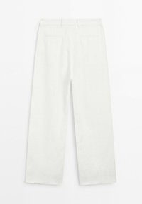 White straight-leg trousers with back welt pockets, belt loops, and a high waist, laid flat against a plain white background.
