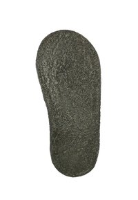 Zwarte, gestructureerde schoeninlegzool met een ruwe oppervlakte en afgeronde vorm, ontworpen voor comfort en ondersteuning. Onderzijde toont de dikte en randen.