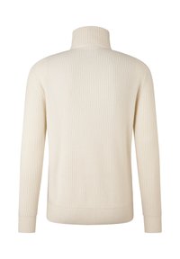 Hellcremefarbener, gerippter Strickpullover mit Rollkragen und langen Ärmeln, von hinten auf weißem Hintergrund gezeigt.