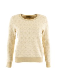 Suéter beige con un patrón texturizado de Zs, escote redondo acanalado y puños. Tejido suave con un ajuste acogedor y un dobladillo ligeramente elástico.