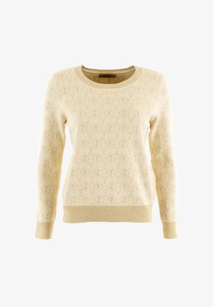 Suéter beige con un patrón texturizado de Zs, escote redondo acanalado y puños. Tejido suave con un ajuste acogedor y un dobladillo ligeramente elástico.