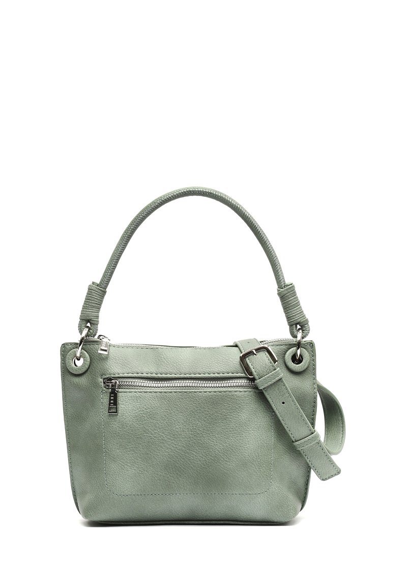 Ljust grön läderhandväska med en strukturerad yta, med ett handtag upptill, justerbar axelrem och en framficka med dragkedja.