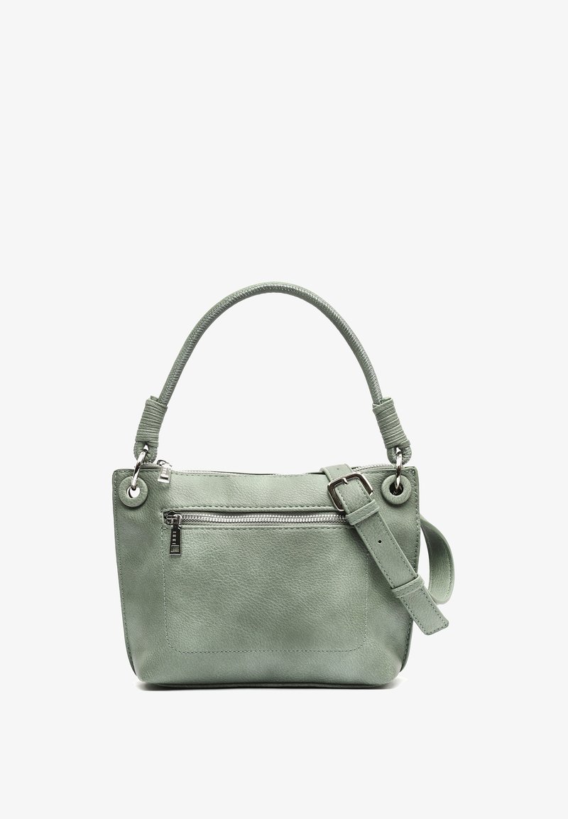 Vaaleanvihreä nahkakäsilaukku, jossa on teksturoitu pinta, yläkahva, säädettävä olkahihna ja etupuolella vetoketjutasku.