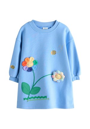 Sininen lasten collegepaita, jossa värikkäät hymyilevät kukka-applikaatiot ja kirjotut mehiläiset edessä ja hihassa.