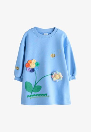 Blå børne-sweatshirt med farverige smilende blomstapplikationer og broderede bier på fronten og ærmet.