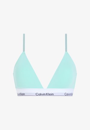 Light mint green triangle bralette with thin straps and a white band featuring "Calvin Klein" logo in black. Smooth fabric texture.