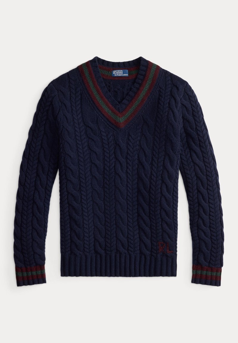 Maglione navy a maglia grossa con scollatura a V, caratterizzato da accenti a strisce bordeaux e verdi sul colletto e sui polsini. Orlo e polsini a costine.