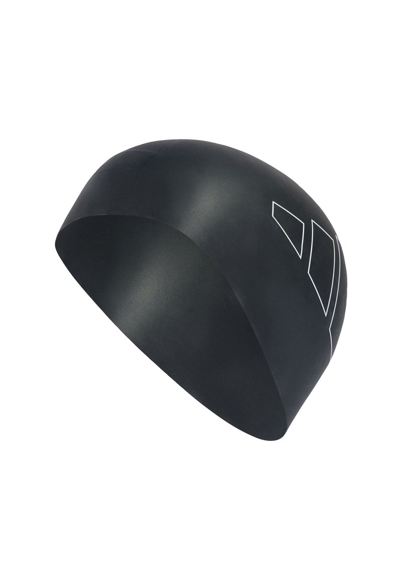 Čierna plavecká čiapka vyrobená z hladkého, flexibilného materiálu. Má biele logo na jednej strane a aerodynamický dizajn na minimalizáciu odporu vo vode.
