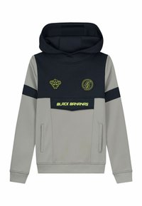 Hoodie met een grijze body en een marineblauwe bovenkant, voorzien van steekzakken aan de voorkant, neonlogo's en een gestructureerde stof.