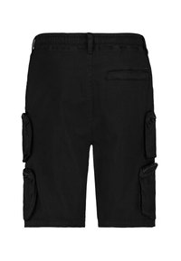 Black cargo shorts featuring a drawstring waistband, multiple side pockets, and a back pocket for storage. Made from lightweight fabric.