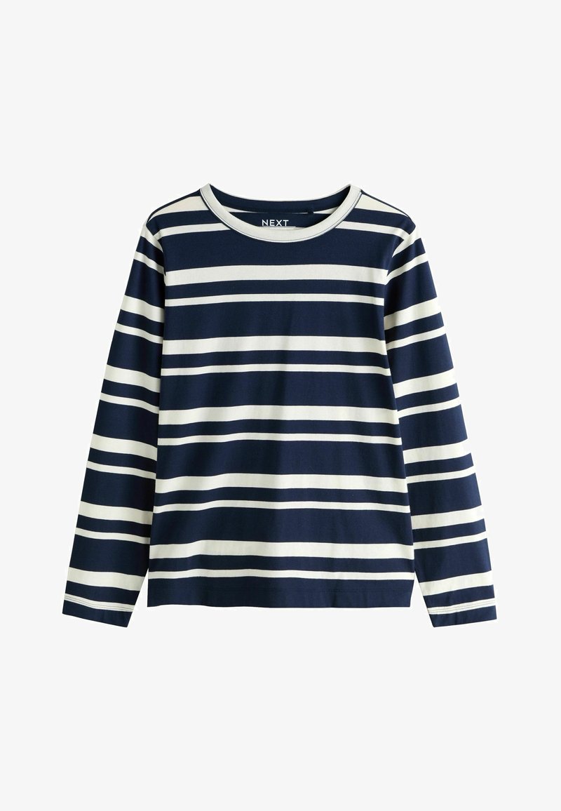 Navy blue long-sleeve cotton top with white horizontal stripes and a round neckline. Soft texture with a relaxed fit.