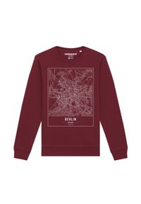 Bordeauxkleurige sweatshirt met een witte kaartafdruk van Berlijn en de tekst "Berlijn, Duitsland" eronder, gemaakt van zachte stof met een ronde hals.