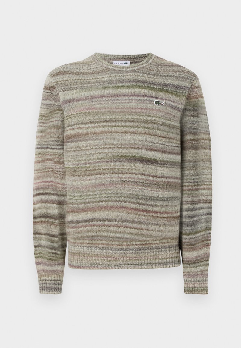 Striped sweater in shades of gray, green, and pink. Designed with a crew neck, long sleeves, and a textured knit fabric. Features a small logo.