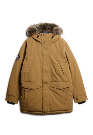 Bruine parka jack met een met bont gevoerde capuchon, meerdere voorkruimelzakken en een logo-opgenaaide op de linker mouw. Gemaakt van gestructureerde stof.
