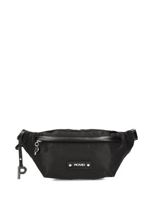 Schwarze Stoff-Gürteltasche mit Frontreißverschluss, verstellbarem Riemen und silbernen Metallakzenten, vorne mit "PICARD" Logo gebrandet.