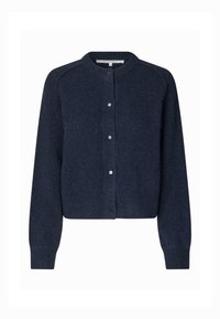 Mørkeblå strikket kardigan med lange ermer, ribbestrikkede mansjetter og nederkant, samt lukking med trykknapper foran, størrelse medium.