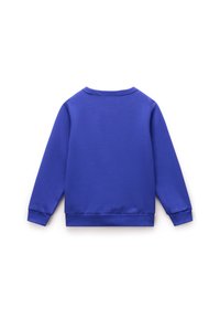 Sweatshirt roxa com mangas longas, golas redondas e punhos e bainha canelados. Feito de um tecido suave e liso com um design em cor sólida.