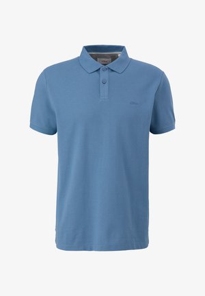 Lichtblauwe polo gemaakt van textuurstof, met een klassieke kraag, knoopsluiting met twee knopen en een klein geborduurd logo op de borst.