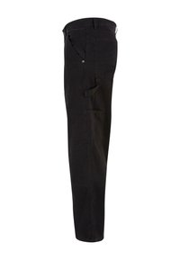 Pantalon de travail noir à jambes droites avec poches latérales, passants de ceinture et boucle pour outil sur la cuisse droite, vu de profil.