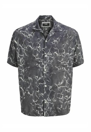 Kortærmet skjortebluse i mørkegrå med et hvidt bølget mønster, lavet af letvægtsstof, med klassisk krave og fem knapper.