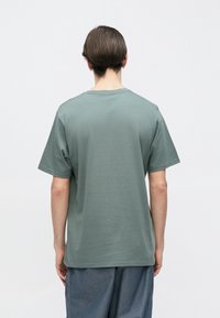 Πράσινο βαμβακερό t-shirt με κοντά μανίκια και στρογγυλή λαιμόκοψη, με ομαλή υφή και άνετη εφαρμογή. Χωρίς εμφανή σχέδια ή διακοσμητικά στοιχεία.