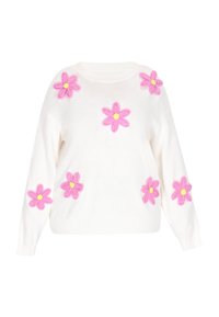 Valkoinen neulepaita, jossa on koristeellisesti etuosassa ja hihoissa pinkkejä huopakukkia, joissa on keltaiset keskustat.