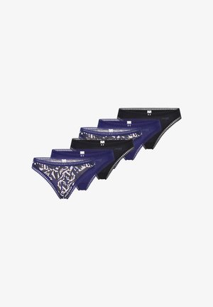 Viisi paria alushousuja violetissa ja mustissa väreissä. Kaksi paria on kuvioitu lehtikuvioilla, kaikissa on pitsireuna ja logovetimiä.