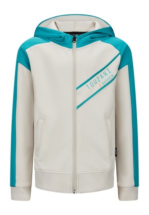 Gevoerde hoodie in crèmekleur met turquoise accenten. Voorzien van een trekkoordkap, twee zijzakken en een diagonale streep met branding. Zachte textuur.